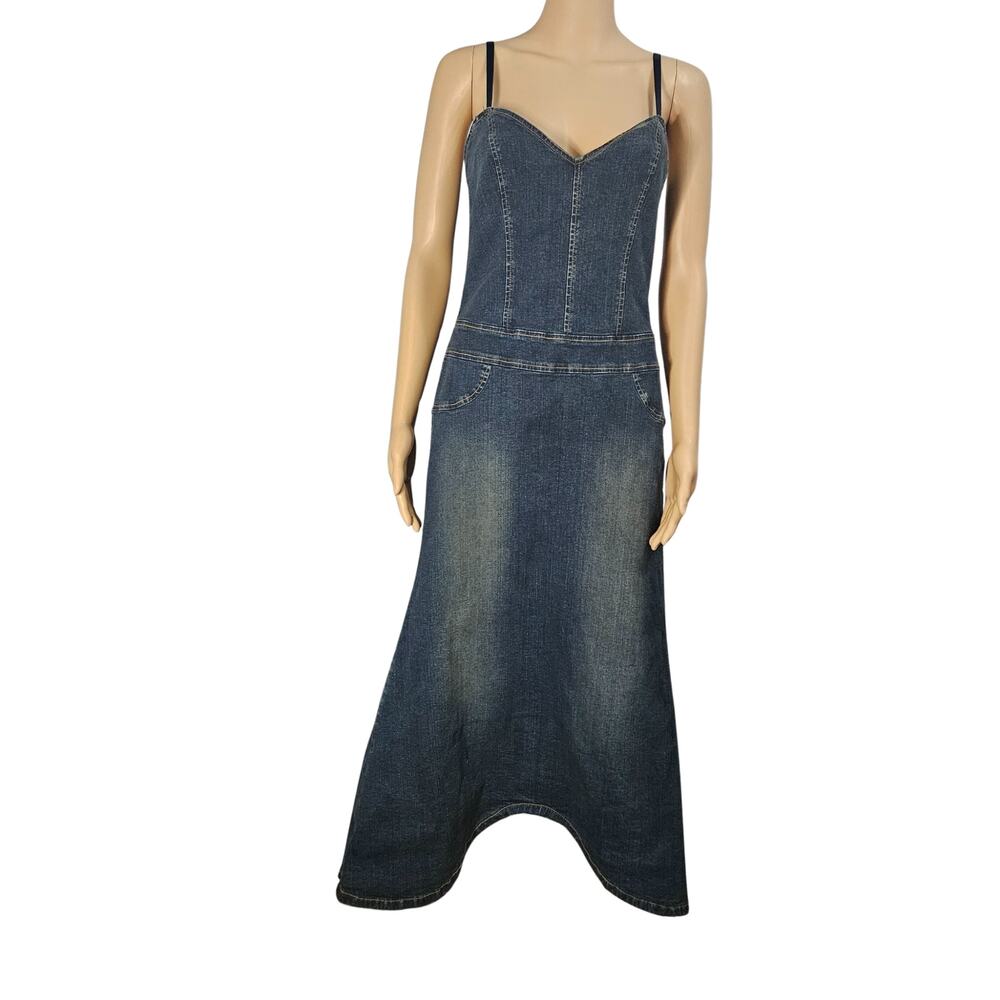 90s Blue Stretch Denim Jean Maxi Dress Body Sculpting Utility Casual Glam Size L